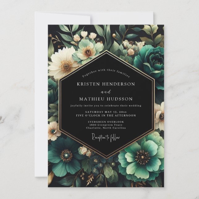 Teal Moody Floral Wedding Inbjudningar (Framsida)