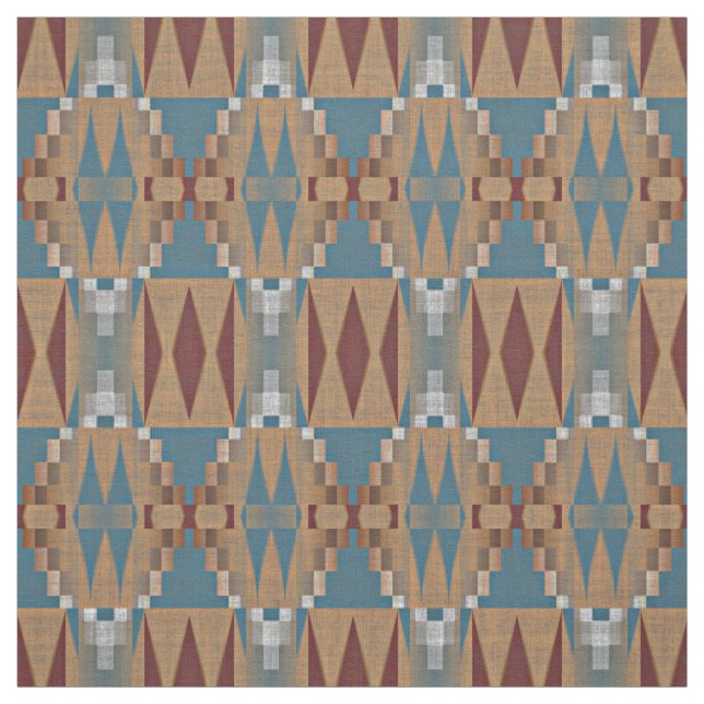 Teal Mörk Red Tan Brown Ethnic Mosaic Mönster Tyg (Provkarta)