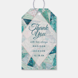 Teal Mosaic Marble Triangles Bröllop Tack Presentetikett