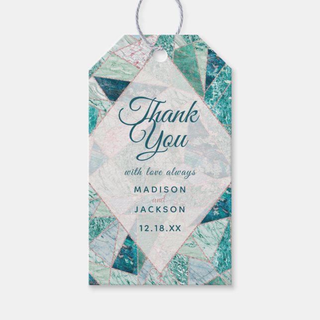 Teal Mosaic Marble Triangles Bröllop Tack Presentetikett (Framsidan)