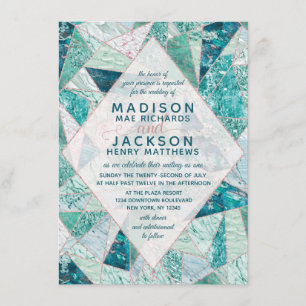 Teal Mosaic Marble Triangles bröllopsinbjudan Inbjudningar