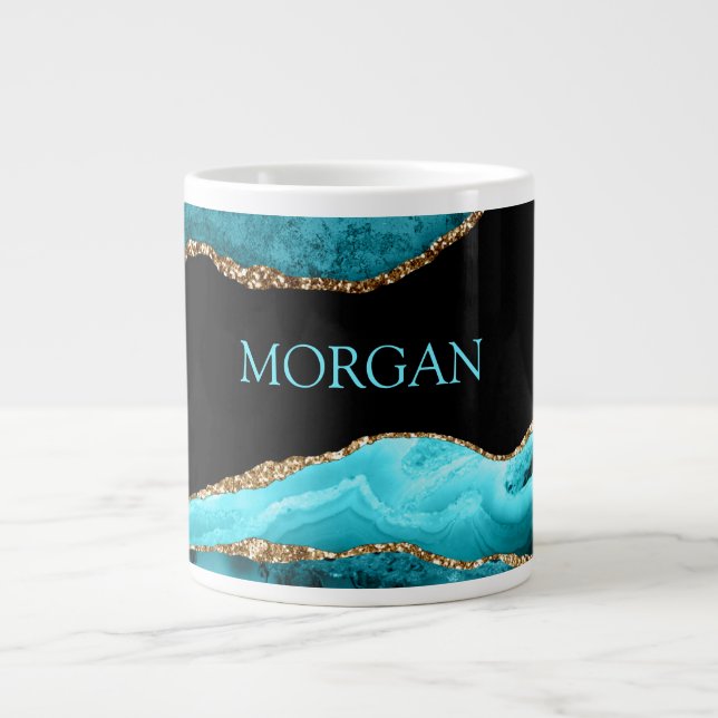 Teal Namn on Black, Guld & Teal Agate Jumbo Mugg (Framsidan)