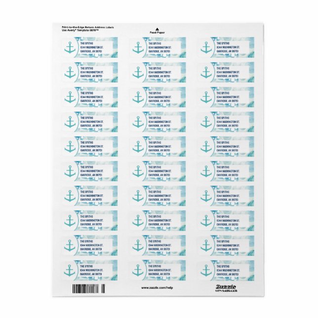Teal Nautical Anchor & Coastal Bubble Beach ThLED Returadress Etikett (Helt Ark)