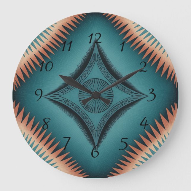 Teal Navajo Peach Sunburst Stor Klocka (Framsida)
