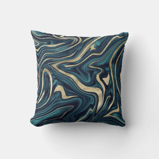Teal Navy Blue Guld Marble #1 Kudde (Framsida)
