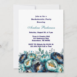 Teal Navy Blue Peony Flowers Bachelorette Party Inbjudningar