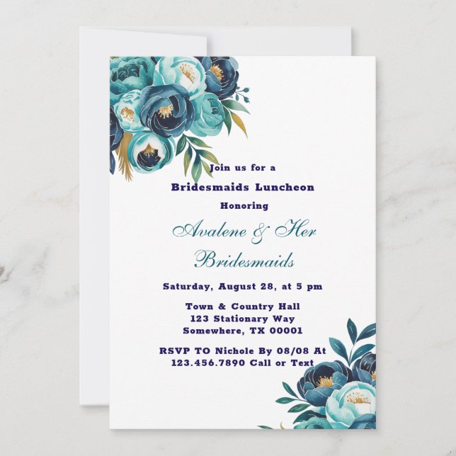 Teal Navy Blue Peony Flowers Bridesmaids Luncheon Inbjudningar (Framsida)