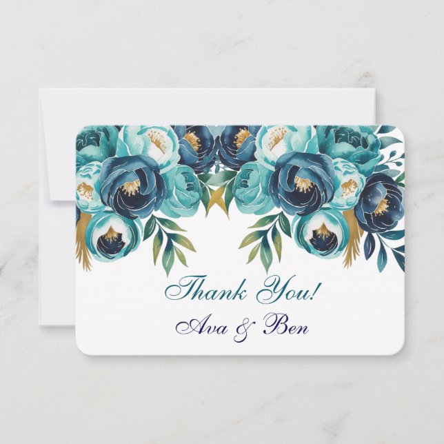Teal Navy Blue Peony Flowers Bröllop Tack Kort (Framsida)