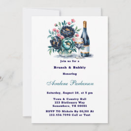 Teal Navy Blue Peony Flowers Brunch och Bubly Inbjudningar