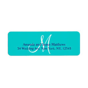 Teal Navy Blue Simple Script Monogram för Bröllop Returadress Etikett