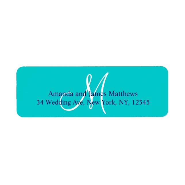 Teal Navy Blue Simple Script Monogram för Bröllop Returadress Etikett (Framsidan)