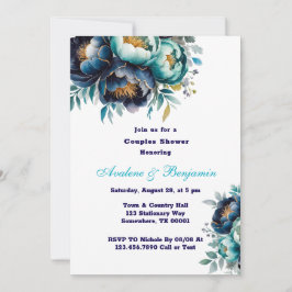 Teal Navy Blue Watercolor Peony Par Shower Inbjudningar