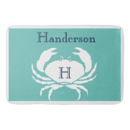 Teal Navy Blue White Crab Nautical Kitchen matta
