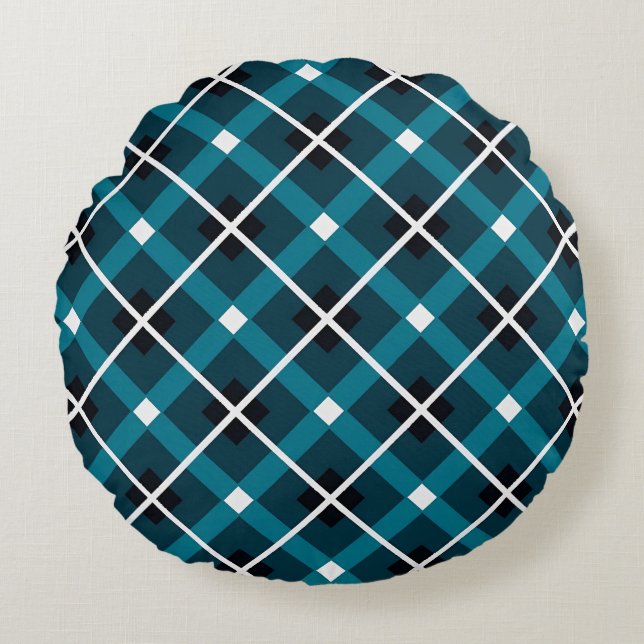 Teal & Navy Geometric Grid Pattern Rund Kudde (Framsidan)