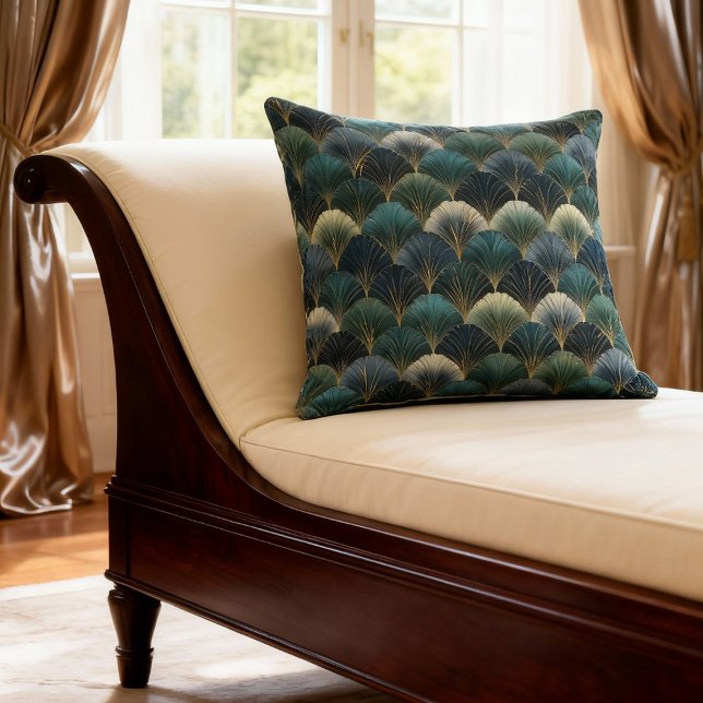 Teal Navy Gold Art Deco Fan Pattern Kudde (Skapare uppladdad)