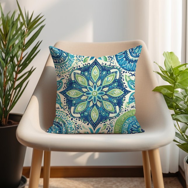 Teal Navy Lime Mandela Boho Kudde (Teal Navy Lime Mandela Boho Throw Pillow)
