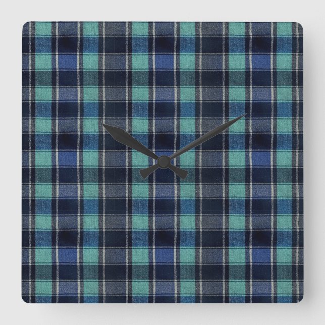 Teal & Navy Tartan Plaid Round Wall Clock Fyrkantig Klocka (Framsida)