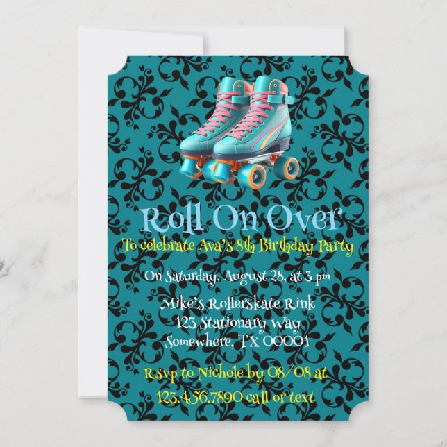Teal Neon Rollerskate Födelsedagsfest Inbjudningar (Framsida)
