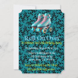 Teal Neon Rollerskate Födelsedagsfest Inbjudningar