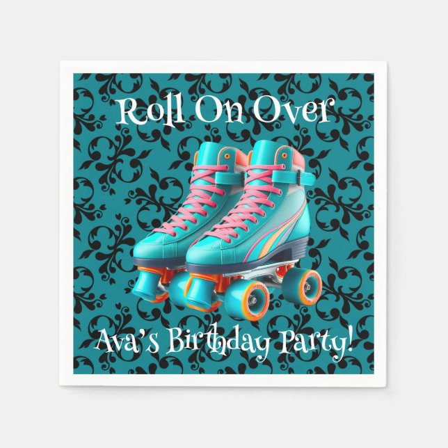 Teal Neon Rollerskate Födelsedagsfest Pappersservett (Framsidan)