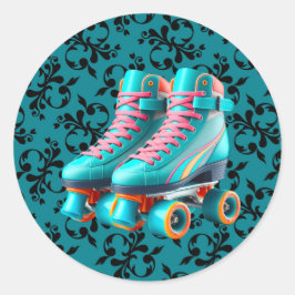 Teal Neon Rollerskate Födelsedagsfest Runt Klistermärke