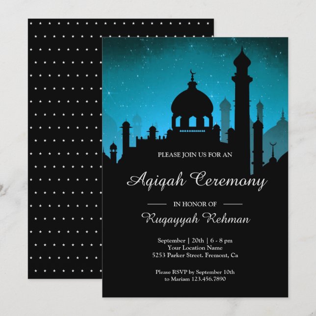 Teal Night Himlar Arabian Nights Aqiqah Inbjudningar (Fram/baksida)