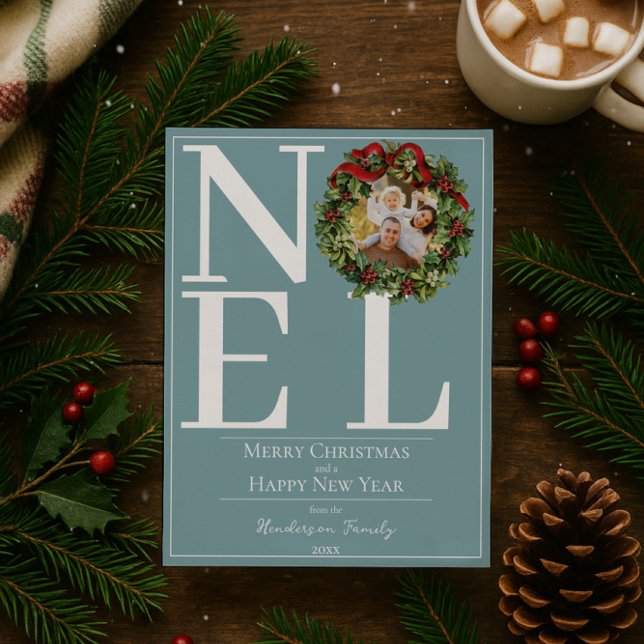 Teal Noel-julfransens andningsfoto Julkort (Teal Noel Christmas Wreath Photo Holiday Card)