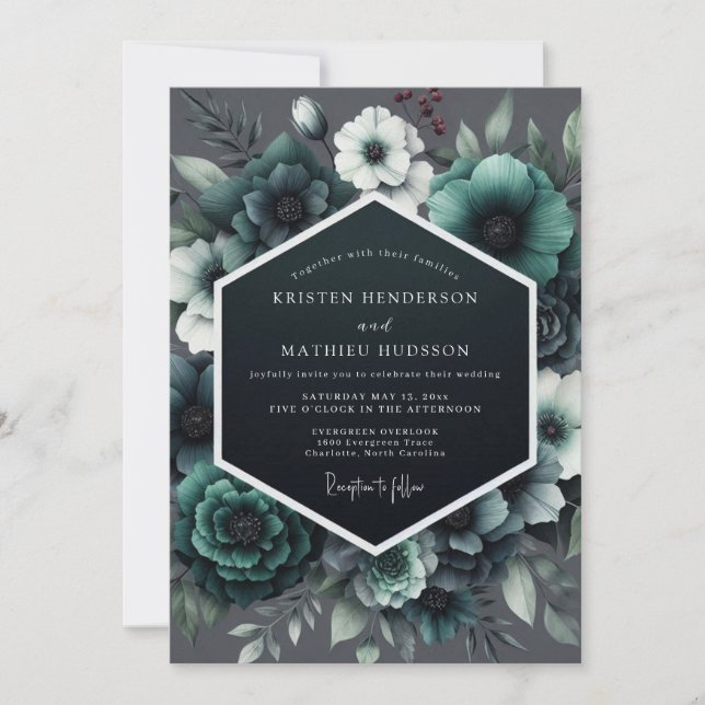 Teal Noir Anemone Wedding Inbjudningar (Framsida)
