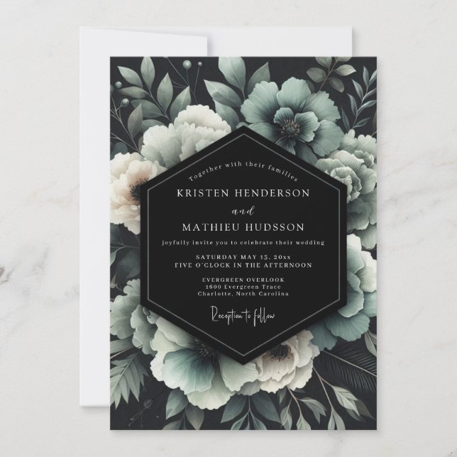 Teal Noir Floral Wedding Inbjudningar (Framsida)