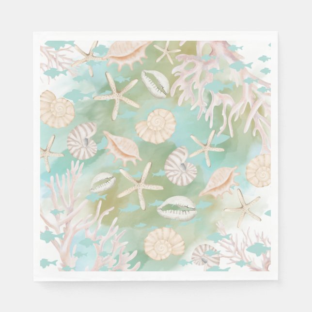 Teal Ocean Seashells Beachy Pattern Pappersservett (Framsidan)