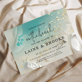 Teal Ocean Tide & Gold Ethereal Shoreline Wedding Inbjudningar