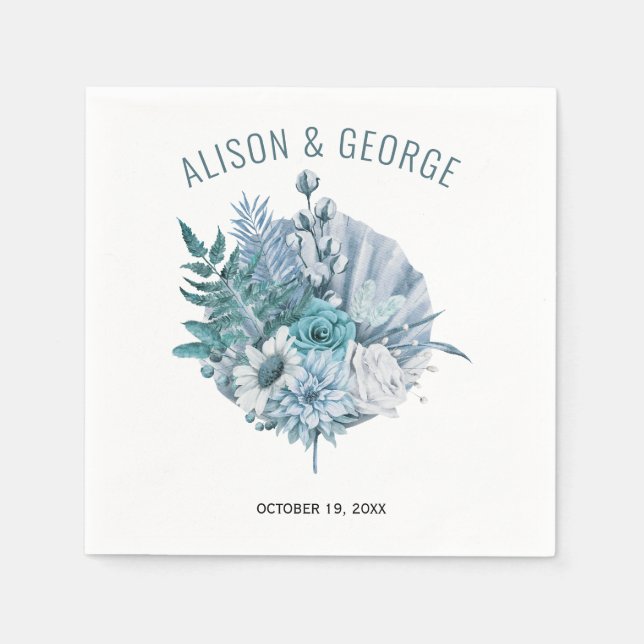 Teal och aqua blåa blommor, handflatan löv bröllop pappersservett (Framsidan)