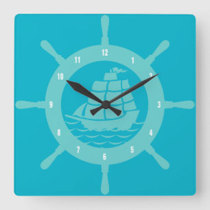 Teal och Aqua Blue Nautical Boat Wheel Fyrkantig Klocka
