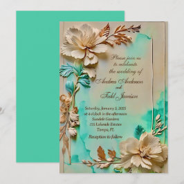 Teal- och beige-blomman bröllop inbjudningar