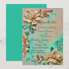 Teal- och beige-blomman bröllop spara datumet