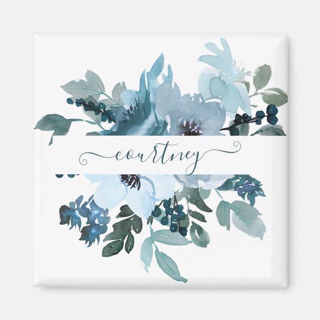 Teal och blå akvarellblomma personlig  magnet (Framsidan)