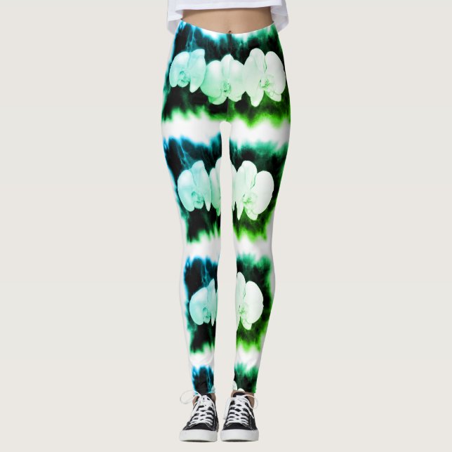 Teal och blå orkidéer leggings (Framsida)