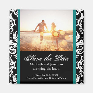 Teal och Black Damask Spara datum magneter
