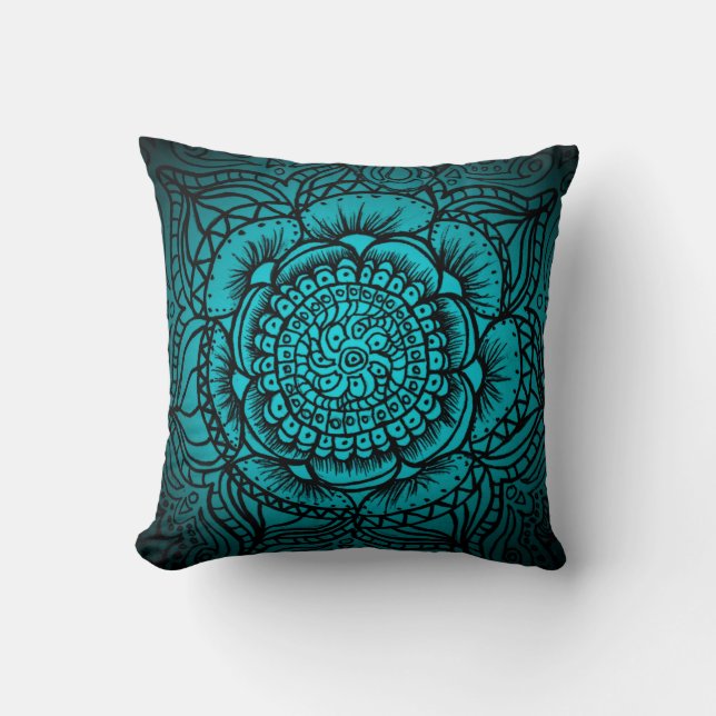 Teal och Black Mandala Pillow Kudde (Framsida)