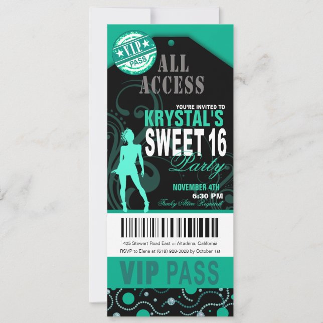 Teal och Black VIP Sweet 16 Biljett Party Inbjudningar (Framsida)