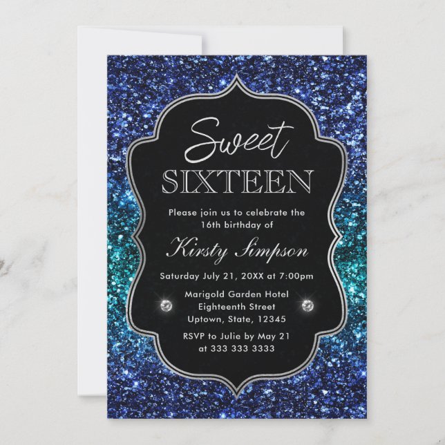 Teal och Blue Ocean Glamor Glitter Sweet 16 Inbjudningar (Framsida)