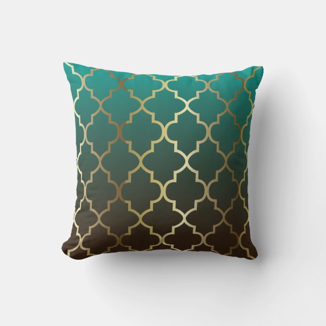 Teal och Brown Blend | Guld Quatrefoil Mönster Kudde (Framsida)