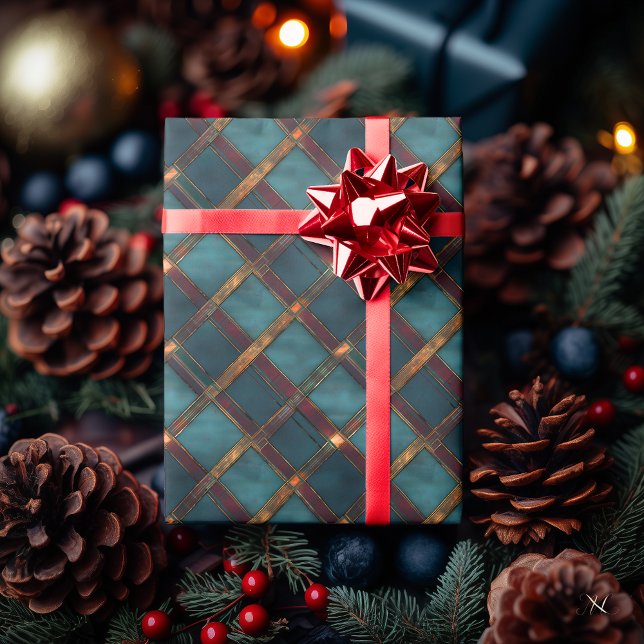 Teal och Brun Crisscross Rutigt – Elegant Rustik  Presentpapper (Skapare uppladdad)