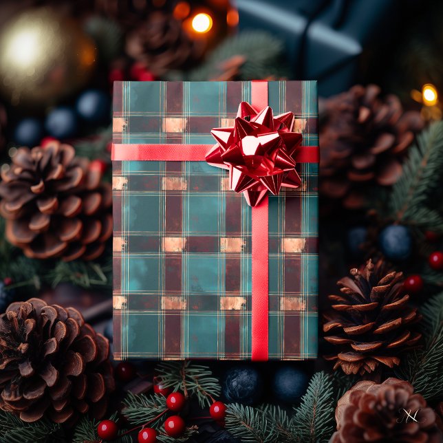 Teal och Brun Plaid – Rustik Holiday Tartan Presentpapper (Skapare uppladdad)