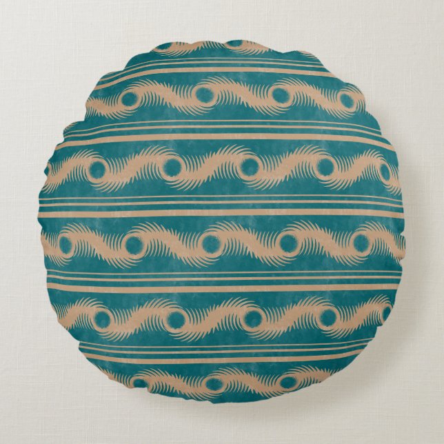 Teal och Caramel Spiral Geometric Stripe Mönster Rund Kudde (Framsidan)