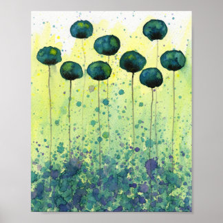 Teal- och Chartreuse Vallmo, Akvarellblommor Poster