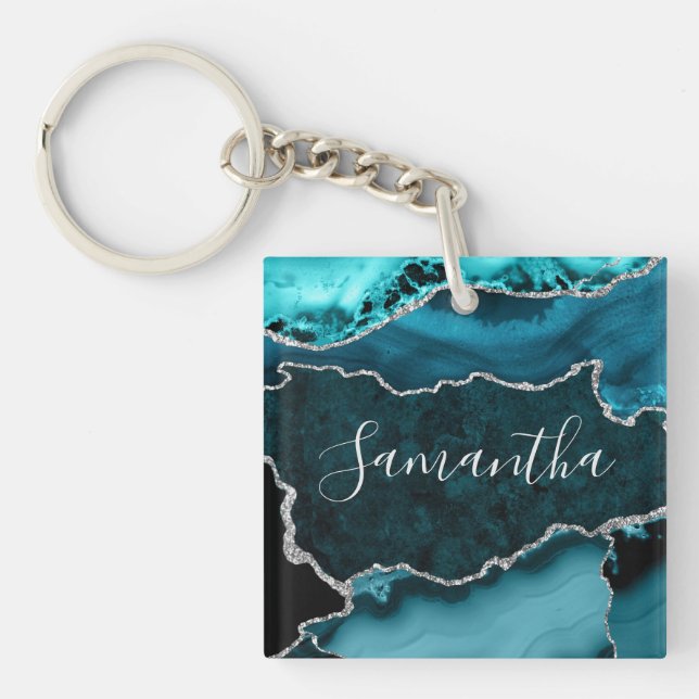 Teal och falskt silver glitter marmor agat (Framsidan)