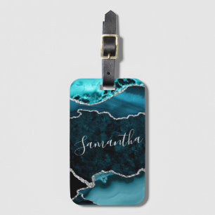Teal och falskt silver glitter marmor agat bagagebricka
