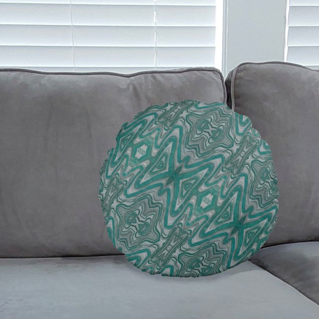 Teal och Grått Boho Chic Abstrakt Mönster Rund Kudde (Skapare uppladdad)