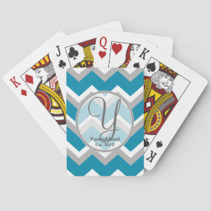 Teal- och Grått Chevron Monogram Spelkort